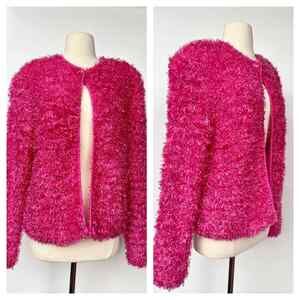 1990s Fuzzy Textured Pink Raver Cardigan Sweater Small